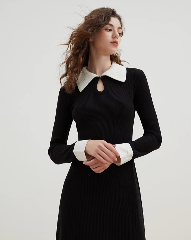 Open collar knit dress